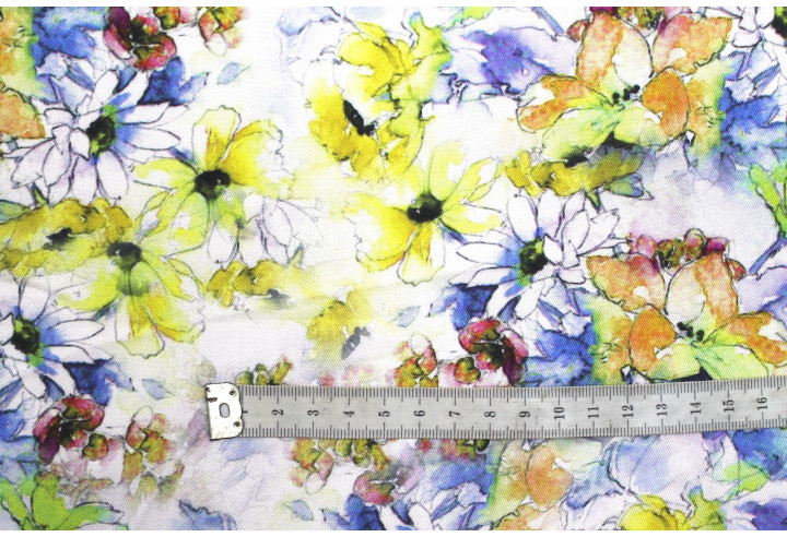 Tissu Gabardine Viscose Imprimé Fleur Edel Jaune et Bleu de Qualité, Tissu au mètre, Tissu pas cher - Alltissus.com