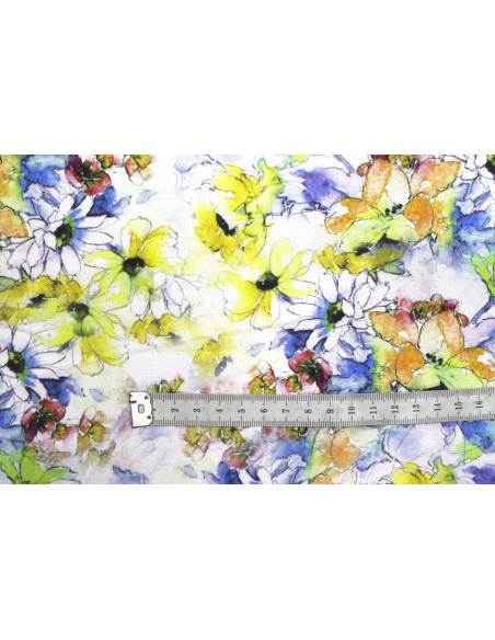 Tissu Gabardine Viscose Imprimé Fleur Edel Jaune et Bleu de Qualité, Tissu au mètre, Tissu pas cher - Alltissus.com