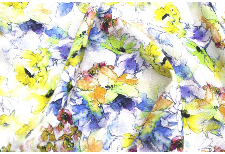Tissu Gabardine Viscose Imprimé Fleur Edel Jaune et Bleu de Qualité, Tissu au mètre, Tissu pas cher - Alltissus.com