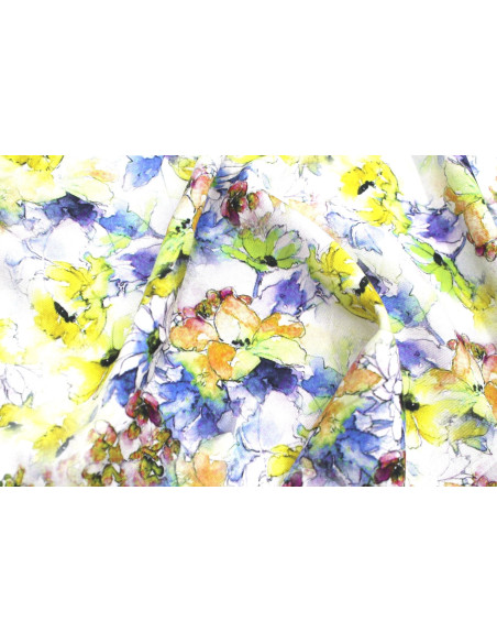 Tissu Gabardine Viscose Imprimé Fleur Edel Jaune et Bleu de Qualité, Tissu au mètre, Tissu pas cher - Alltissus.com