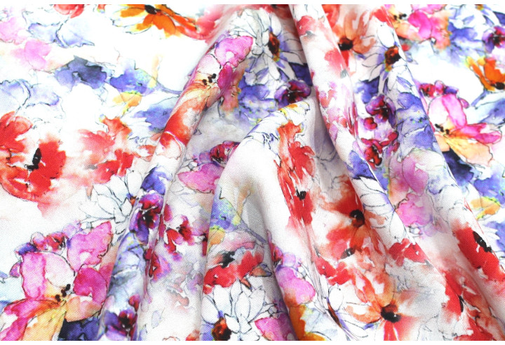 Tissu Gabardine Viscose Imprimé Fleur Edel Rouge et Violet de Qualité, Tissu au mètre, Tissu pas cher - Alltissus.com