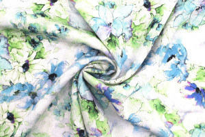 Tissu Gabardine Viscose Imprimé Fleur Edel Bleu et Vert de Qualité, Tissu au mètre, Tissu pas cher - Alltissus.com