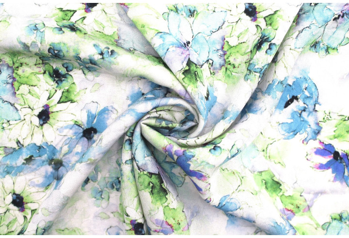 Tissu Gabardine Viscose Imprimé Fleur Edel Bleu et Vert de Qualité, Tissu au mètre, Tissu pas cher - Alltissus.com