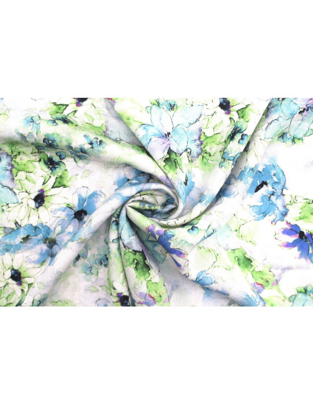 Tissu Gabardine Viscose Imprimé Fleur Edel Bleu et Vert de Qualité, Tissu au mètre, Tissu pas cher - Alltissus.com