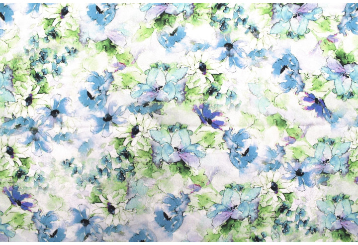 Tissu Gabardine Viscose Imprimé Fleur Edel Bleu et Vert de Qualité, Tissu au mètre, Tissu pas cher - Alltissus.com