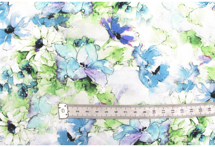 Tissu Gabardine Viscose Imprimé Fleur Edel Bleu et Vert de Qualité, Tissu au mètre, Tissu pas cher - Alltissus.com