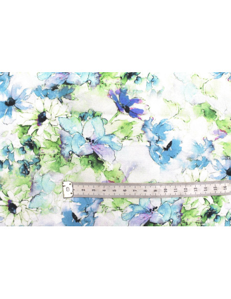 Tissu Gabardine Viscose Imprimé Fleur Edel Bleu et Vert de Qualité, Tissu au mètre, Tissu pas cher - Alltissus.com