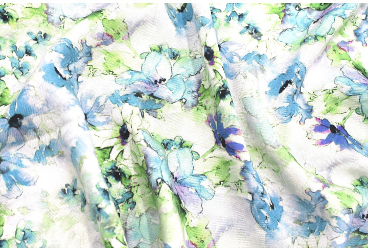 Tissu Gabardine Viscose Imprimé Fleur Edel Bleu et Vert de Qualité, Tissu au mètre, Tissu pas cher - Alltissus.com