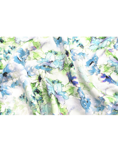 Tissu Gabardine Viscose Imprimé Fleur Edel Bleu et Vert de Qualité, Tissu au mètre, Tissu pas cher - Alltissus.com