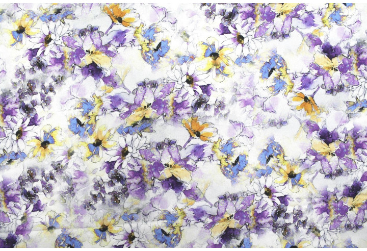 Tissu Gabardine Viscose Imprimé Fleur Edel Violet et Jaune de Qualité, Tissu au mètre, Tissu pas cher - Alltissus.com