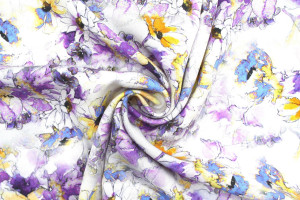 Tissu Gabardine Viscose Imprimé Fleur Edel Violet et Jaune de Qualité, Tissu au mètre, Tissu pas cher - Alltissus.com