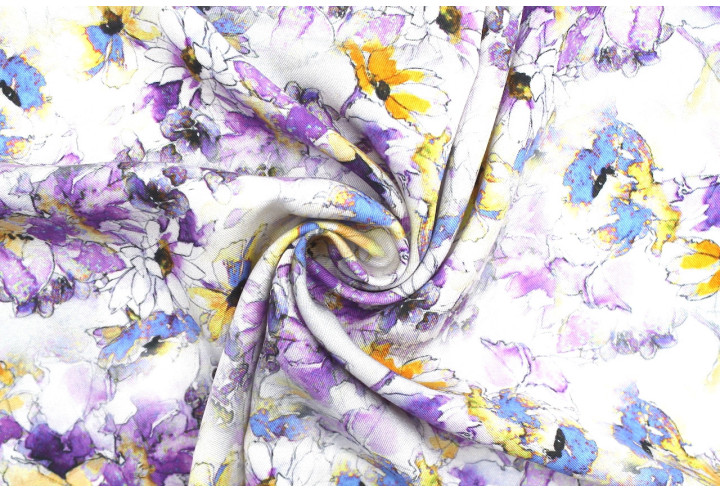 Tissu Gabardine Viscose Imprimé Fleur Edel Violet et Jaune de Qualité, Tissu au mètre, Tissu pas cher - Alltissus.com