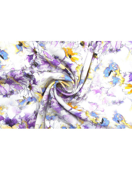 Tissu Gabardine Viscose Imprimé Fleur Edel Violet et Jaune de Qualité, Tissu au mètre, Tissu pas cher - Alltissus.com