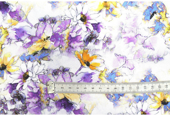 Tissu Gabardine Viscose Imprimé Fleur Edel Violet et Jaune de Qualité, Tissu au mètre, Tissu pas cher - Alltissus.com