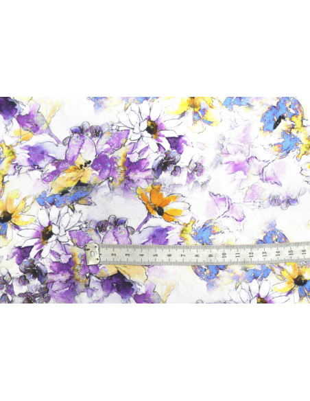 Tissu Gabardine Viscose Imprimé Fleur Edel Violet et Jaune de Qualité, Tissu au mètre, Tissu pas cher - Alltissus.com
