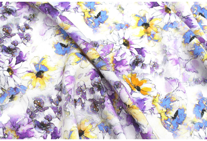 Tissu Gabardine Viscose Imprimé Fleur Edel Violet et Jaune de Qualité, Tissu au mètre, Tissu pas cher - Alltissus.com