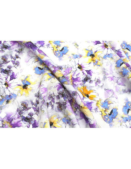 Tissu Gabardine Viscose Imprimé Fleur Edel Violet et Jaune de Qualité, Tissu au mètre, Tissu pas cher - Alltissus.com