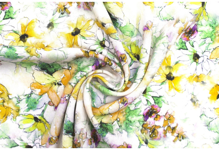 Tissu Gabardine Viscose Imprimé Fleur Edel Safran et Vert de Qualité, Tissu au mètre, Tissu pas cher - Alltissus.com