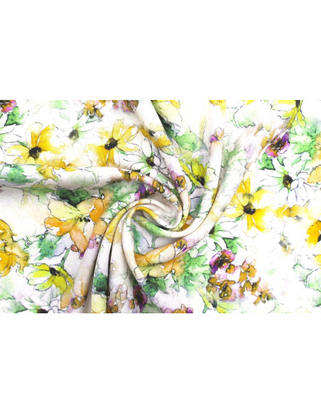 Tissu Gabardine Viscose Imprimé Fleur Edel Safran et Vert de Qualité, Tissu au mètre, Tissu pas cher - Alltissus.com