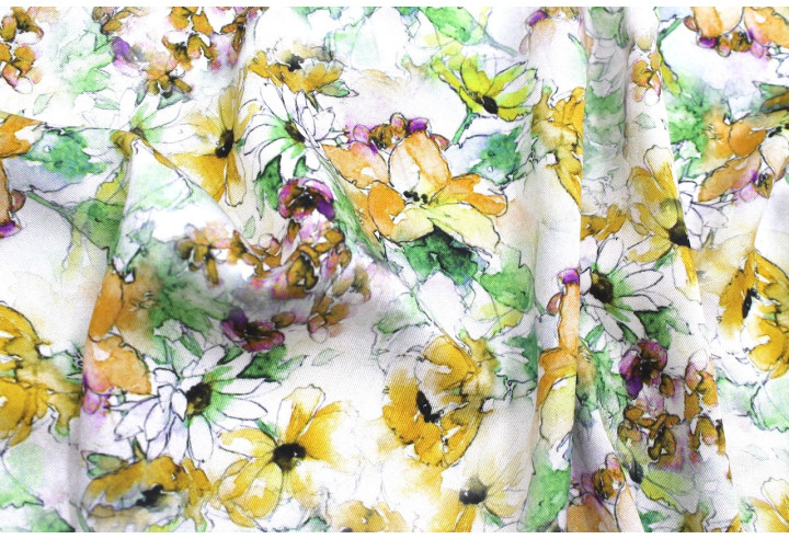 Tissu Gabardine Viscose Imprimé Fleur Edel Safran et Vert de Qualité, Tissu au mètre, Tissu pas cher - Alltissus.com