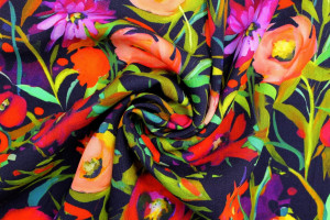 Tissu Gabardine Viscose Imprimé Mélange de fleurs Marine de Qualité, Tissu au mètre, Tissu pas cher - Alltissus.com