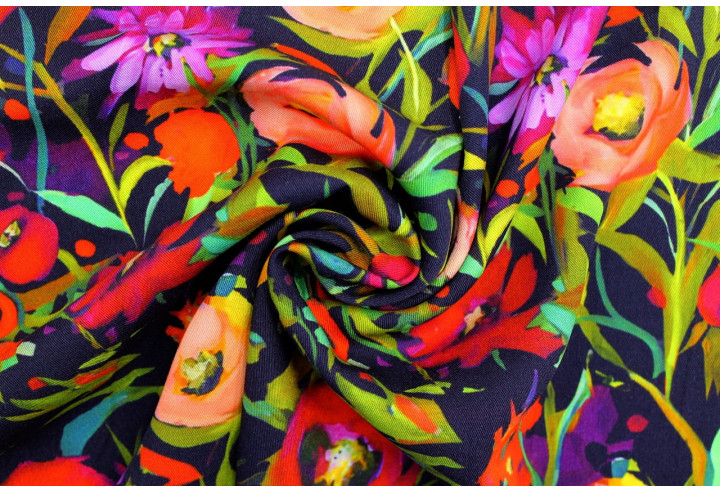 Tissu Gabardine Viscose Imprimé Mélange de fleurs Marine de Qualité, Tissu au mètre, Tissu pas cher - Alltissus.com