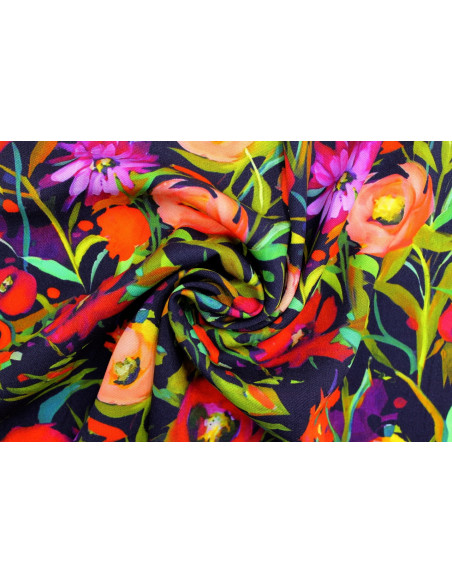 Tissu Gabardine Viscose Imprimé Mélange de fleurs Marine de Qualité, Tissu au mètre, Tissu pas cher - Alltissus.com