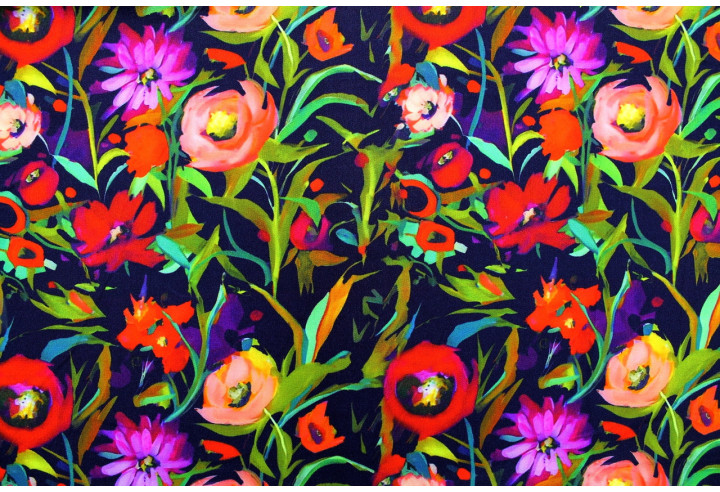 Tissu Gabardine Viscose Imprimé Mélange de fleurs Marine de Qualité, Tissu au mètre, Tissu pas cher - Alltissus.com