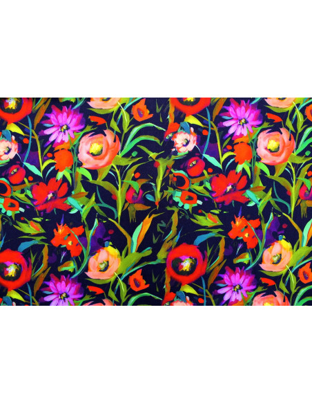 Tissu Gabardine Viscose Imprimé Mélange de fleurs Marine de Qualité, Tissu au mètre, Tissu pas cher - Alltissus.com