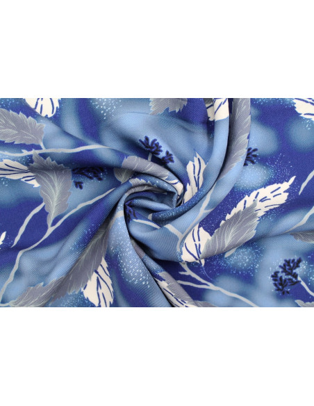 Tissu Gabardine Viscose Imprimé Feuille Plume Bleu de Qualité, Tissu au mètre, Tissu pas cher - Alltissus.com