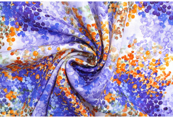Tissu Gabardine Viscose Imprimé Buisson Violet et Orange de Qualité, Tissu au mètre, Tissu pas cher - Alltissus.com