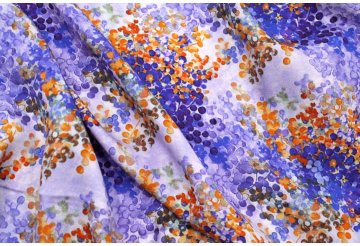 Tissu Gabardine Viscose Imprimé Buisson Violet et Orange de Qualité, Tissu au mètre, Tissu pas cher - Alltissus.com