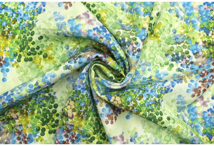 Tissu Gabardine Viscose Imprimé Buisson Vert et Bleu de Qualité, Tissu au mètre, Tissu pas cher - Alltissus.com