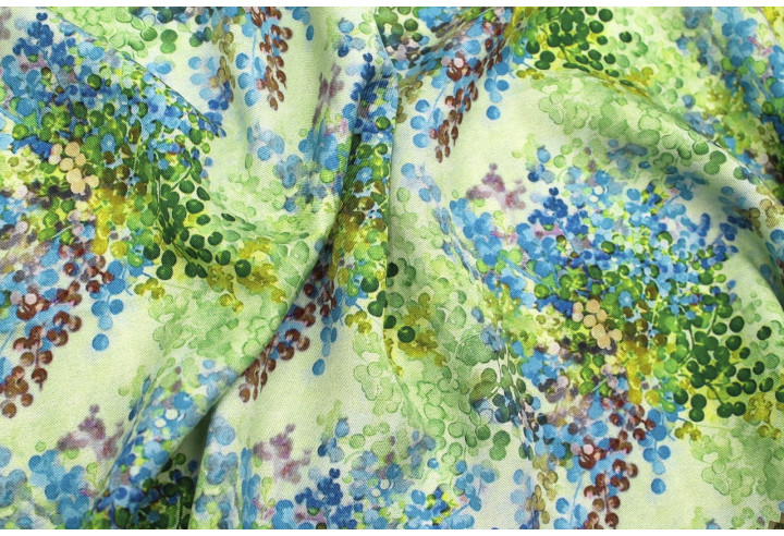 Tissu Gabardine Viscose Imprimé Buisson Vert et Bleu de Qualité, Tissu au mètre, Tissu pas cher - Alltissus.com