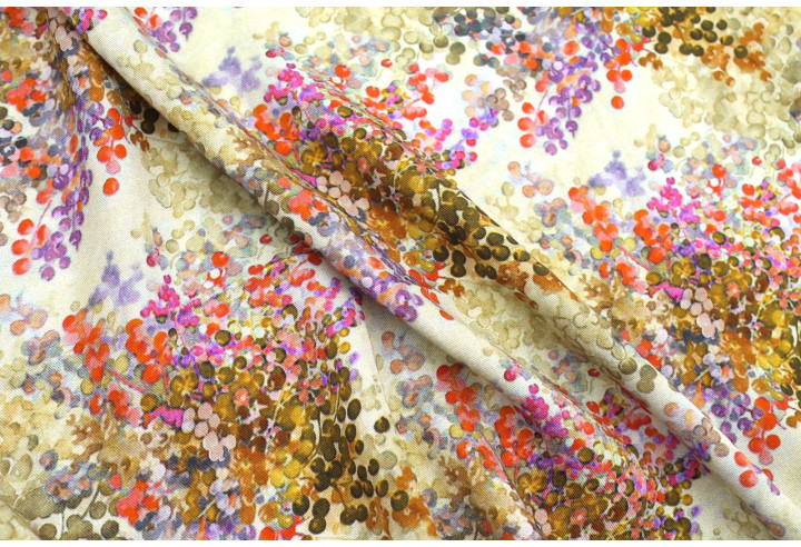 Tissu Gabardine Viscose Imprimé Buisson Beige et Orange de Qualité, Tissu au mètre, Tissu pas cher - Alltissus.com