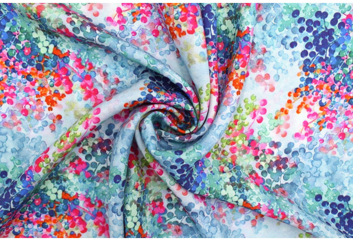 Tissu Gabardine Viscose Imprimé Buisson Bleu et Rose de Qualité, Tissu au mètre, Tissu pas cher - Alltissus.com