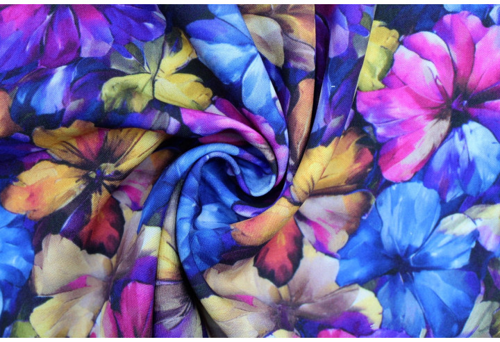 Tissu Gabardine Viscose Imprimé Fleur Camellia Bleu de Qualité, Tissu au mètre, Tissu pas cher - Alltissus.com