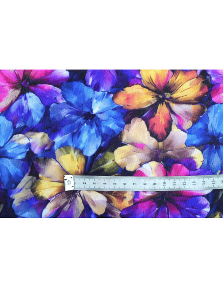Tissu Gabardine Viscose Imprimé Fleur Camellia Bleu de Qualité, Tissu au mètre, Tissu pas cher - Alltissus.com
