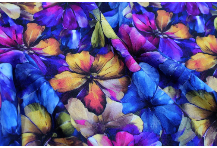 Tissu Gabardine Viscose Imprimé Fleur Camellia Bleu de Qualité, Tissu au mètre, Tissu pas cher - Alltissus.com