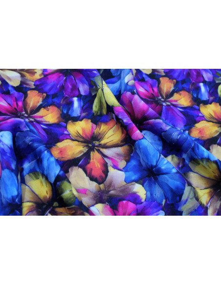 Tissu Gabardine Viscose Imprimé Fleur Camellia Bleu de Qualité, Tissu au mètre, Tissu pas cher - Alltissus.com