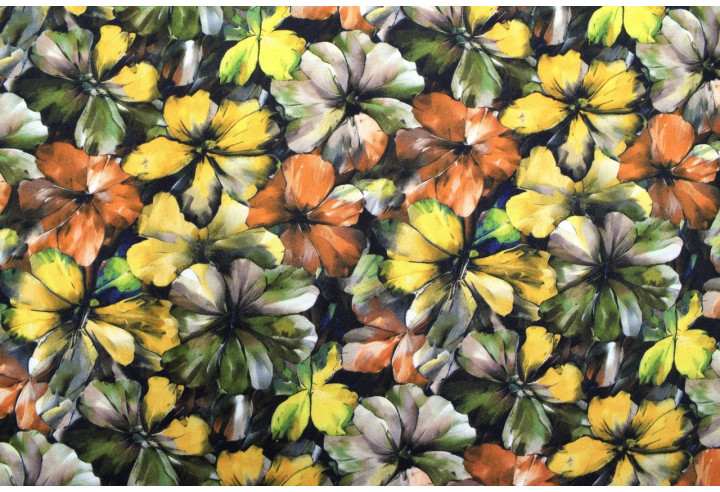 Tissu Gabardine Viscose Imprimé Fleur Camellia Kaki de Qualité, Tissu au mètre, Tissu pas cher - Alltissus.com