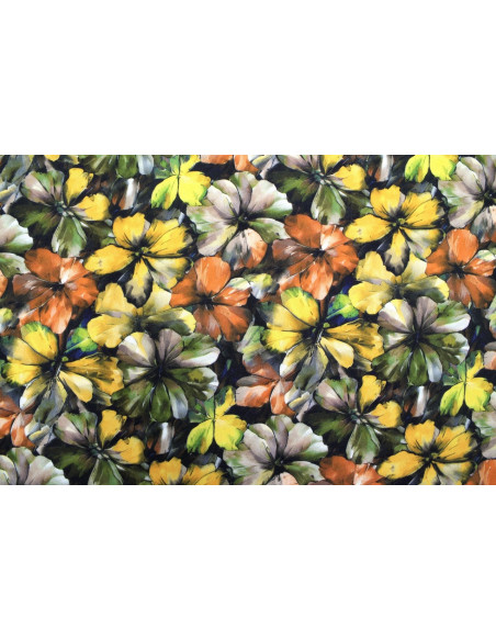 Tissu Gabardine Viscose Imprimé Fleur Camellia Kaki de Qualité, Tissu au mètre, Tissu pas cher - Alltissus.com