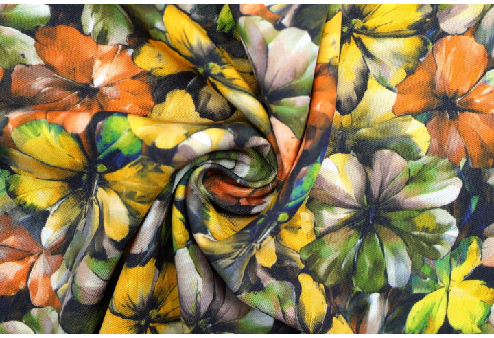 Tissu Gabardine Viscose Imprimé Fleur Camellia Kaki de Qualité, Tissu au mètre, Tissu pas cher - Alltissus.com