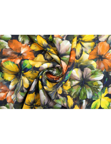 Tissu Gabardine Viscose Imprimé Fleur Camellia Kaki de Qualité, Tissu au mètre, Tissu pas cher - Alltissus.com