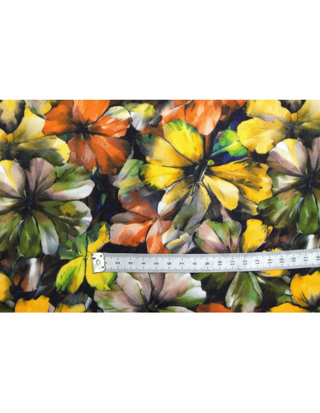 Tissu Gabardine Viscose Imprimé Fleur Camellia Kaki de Qualité, Tissu au mètre, Tissu pas cher - Alltissus.com