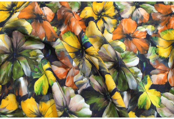 Tissu Gabardine Viscose Imprimé Fleur Camellia Kaki de Qualité, Tissu au mètre, Tissu pas cher - Alltissus.com