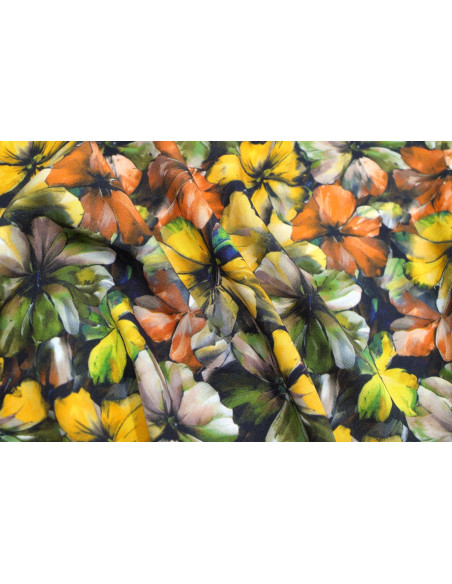 Tissu Gabardine Viscose Imprimé Fleur Camellia Kaki de Qualité, Tissu au mètre, Tissu pas cher - Alltissus.com