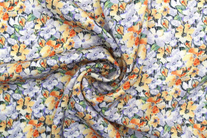 Tissu Gabardine Viscose Imprimé Fleur Purple Beige de Qualité, Tissu au mètre, Tissu pas cher - Alltissus.com