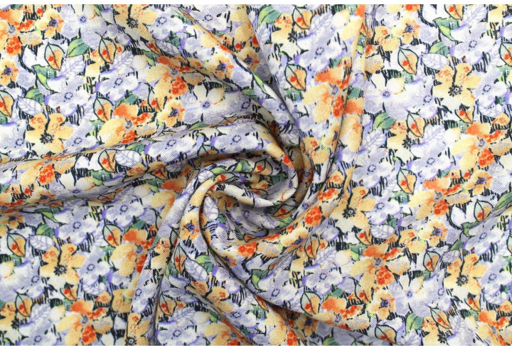 Tissu Gabardine Viscose Imprimé Fleur Purple Beige de Qualité, Tissu au mètre, Tissu pas cher - Alltissus.com