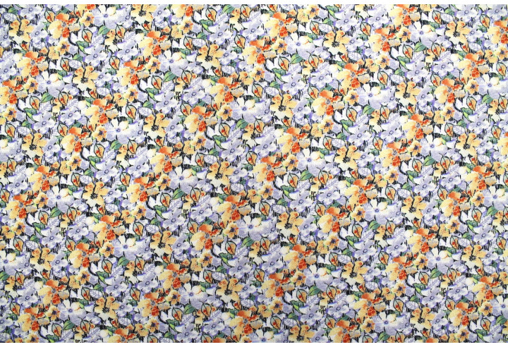 Tissu Gabardine Viscose Imprimé Fleur Purple Beige de Qualité, Tissu au mètre, Tissu pas cher - Alltissus.com